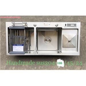 Chậu rửa bát hai hố cân inox 304, có bàn cài dao-thớt, hố rác